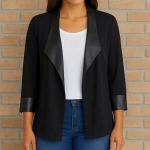 Chico’s Easywear Black Open-Front Jacket Faux Leather Trim And Zippered Cuffs L